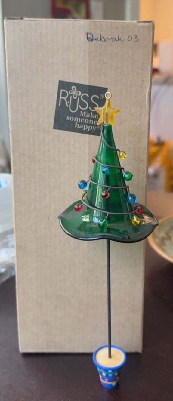 Russ Berrie Glass Christmas Tree Ornament with Star and Pot Base Original Box